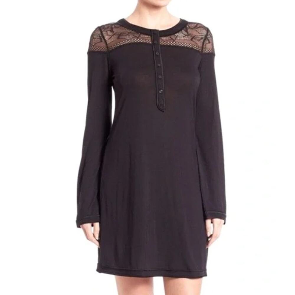 La Perla Sleep Shirt Dress Black Lace Trim Long Sleeve Henley Silk Blend Size M